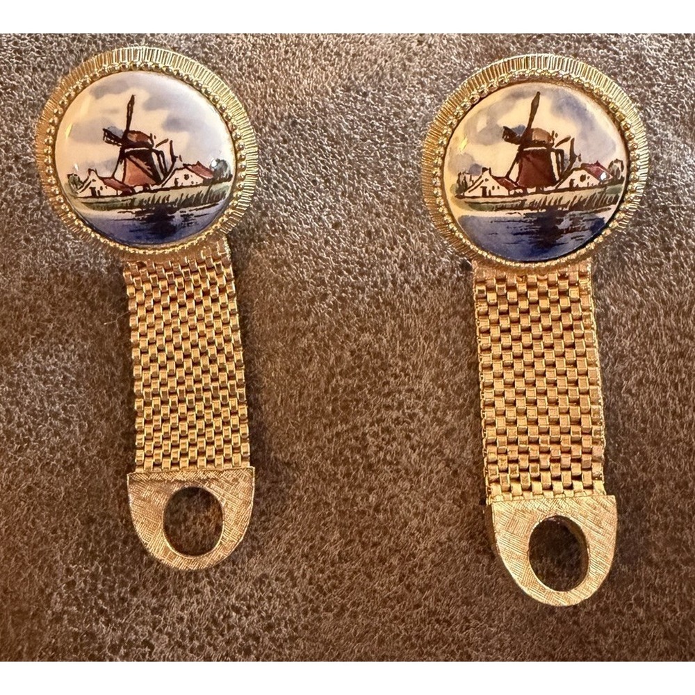 Vintage1960's Dutch Windmill Ceramic Gold T. Mesh Metal Wraparound Cufflinks